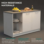 Tuhome Juniper Kitchen Island with Storage, 59in Wide Prep Top, 2-Door Cabinet with Interior Shelves and Dual Open Shelves, Engineered Wood, White/Light Oak