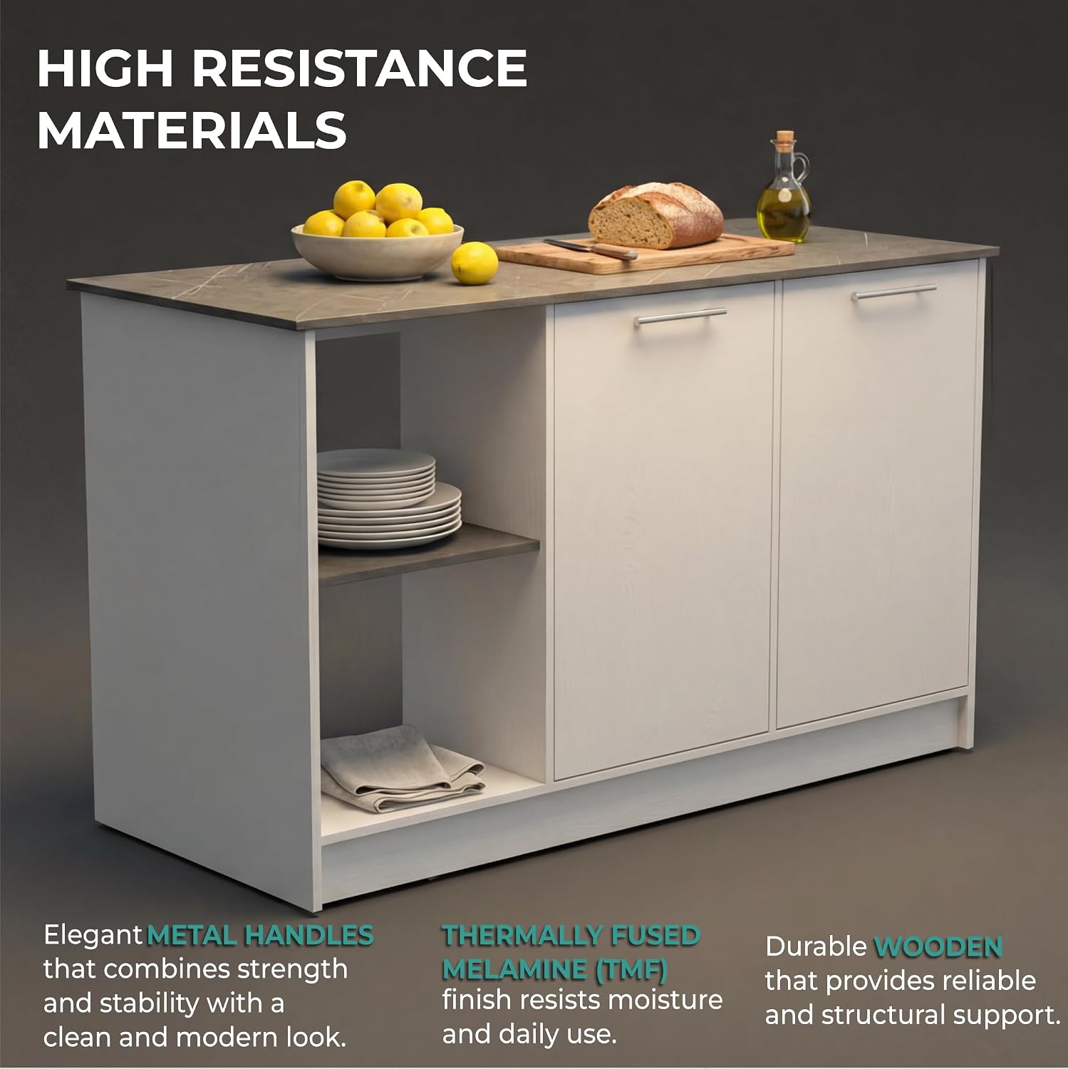 Tuhome Juniper Kitchen Island with Storage, 59in Wide Prep Top, 2-Door Cabinet with Interior Shelves and Dual Open Shelves, Engineered Wood, White/Light Oak