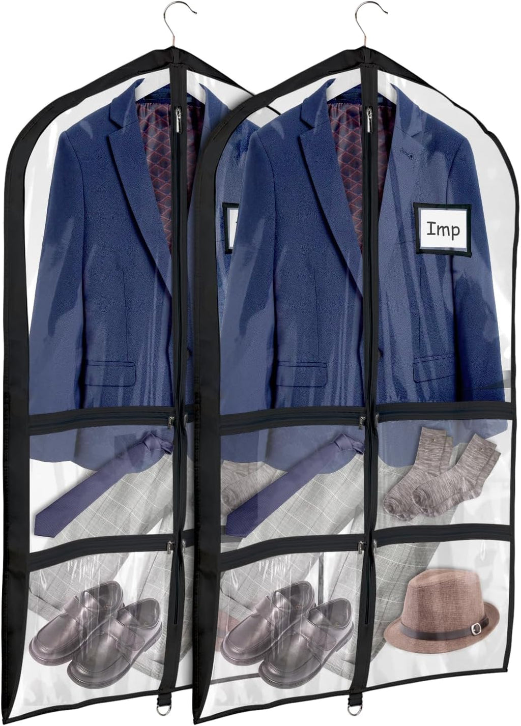 Univivi 40 Inch Dance Costume Garment Bags for Dancers, Black, 2 Pack | Breathable Fabric, Clear PVC Window, 4 Clear and 1 Back Zip Pocket, Foldable Costume Bag for Dance Costumes, Dresses, Suits
