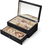 Meangood Jewelry Box Organizer for Women, 2 Layer Large Jewelry Storage Case, Rustic Wooden Jewelry Box with Mirror & Ring Tray for Necklace Earring Bracelets Rings, Vintage Style (Black)