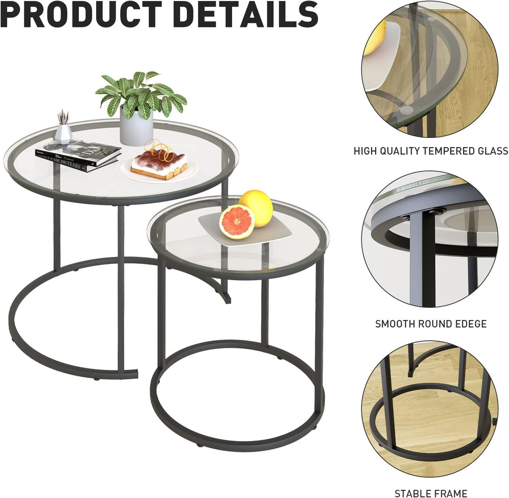 Nesting Coffee Table Set of 2,Modern Black Tempered Glass Side Table, Metal F...