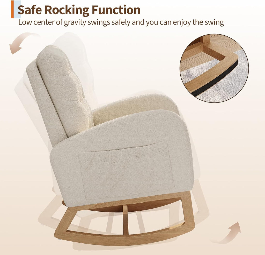 GarveeHome Nursery Rocking Chair, Teddy Fleece Upholstery, Sturdy Wooden Legs & High Backrest, Comfortable Glider Rocking Chair for Living Room or Bedroom, White