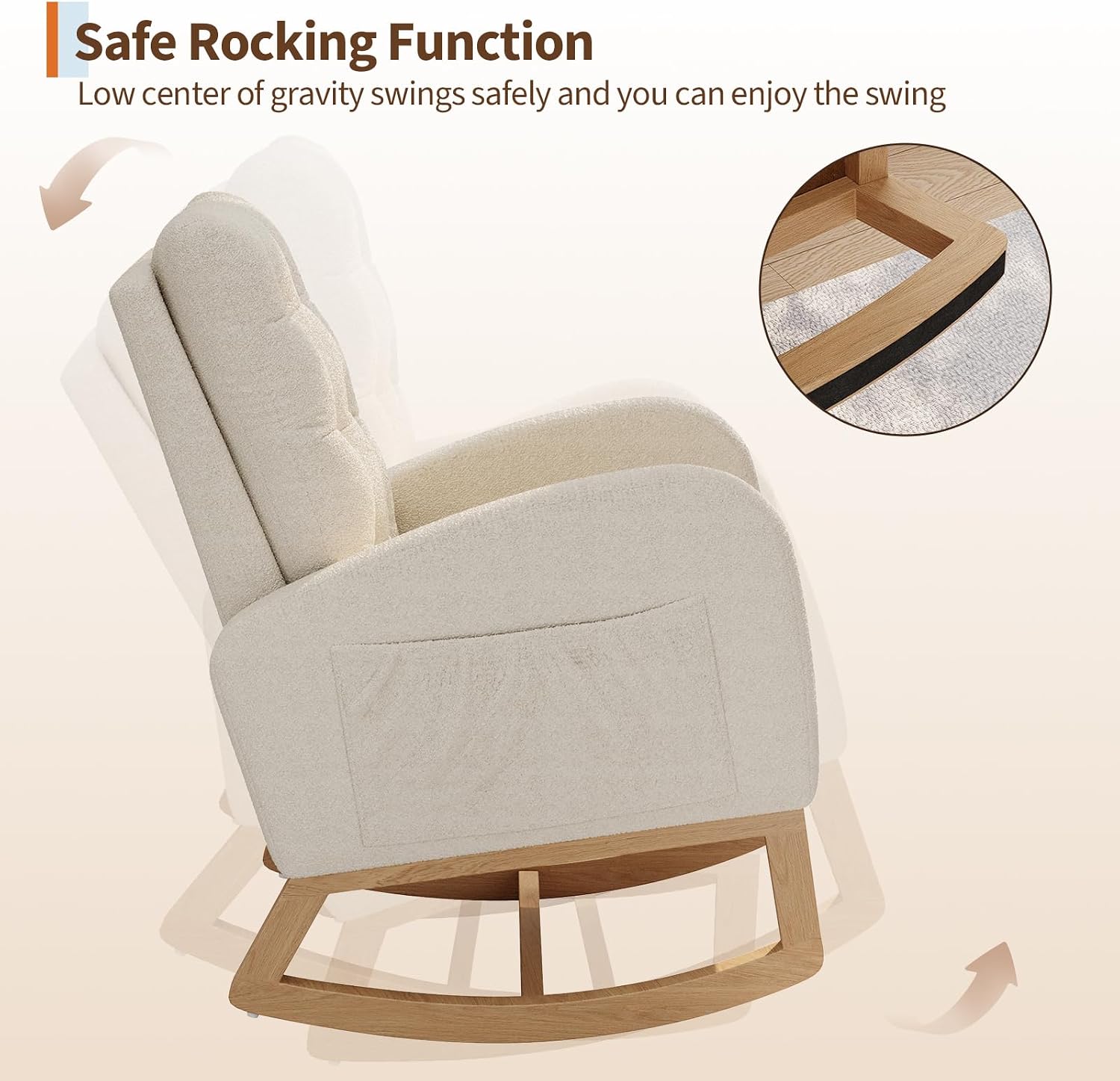 GarveeHome Nursery Rocking Chair, Teddy Fleece Upholstery, Sturdy Wooden Legs & High Backrest, Comfortable Glider Rocking Chair for Living Room or Bedroom, White