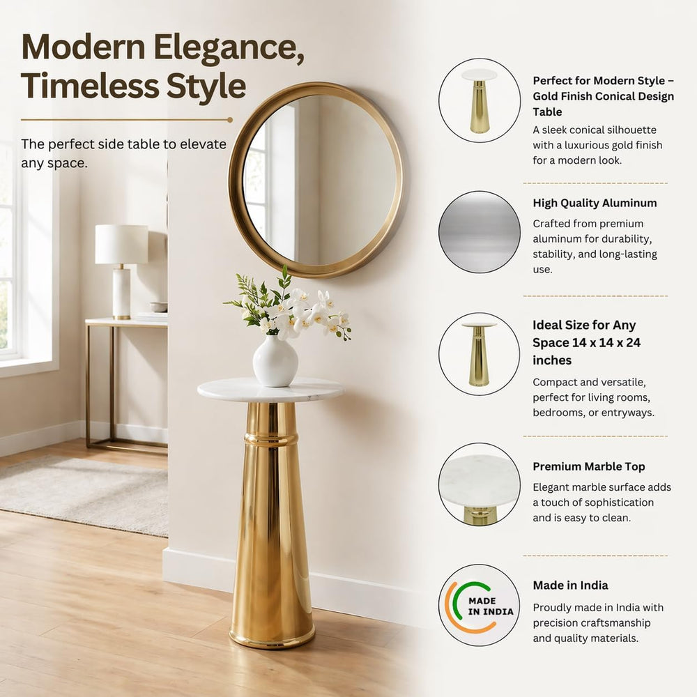 Gold Side Table with White Marble Top | Decorative Modern End Table | Pedesta...