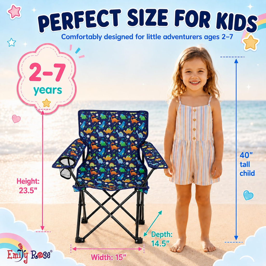 Emily Rose Playful Dinosaurs Kids Folding Camp Chair - Lightweight Portable Toddler Beach Chair Ages 2-7 with Safety Lock Cup Holder Carry Case 125 lb Capacity for Boys Girls Indoor Outdoor Adventures