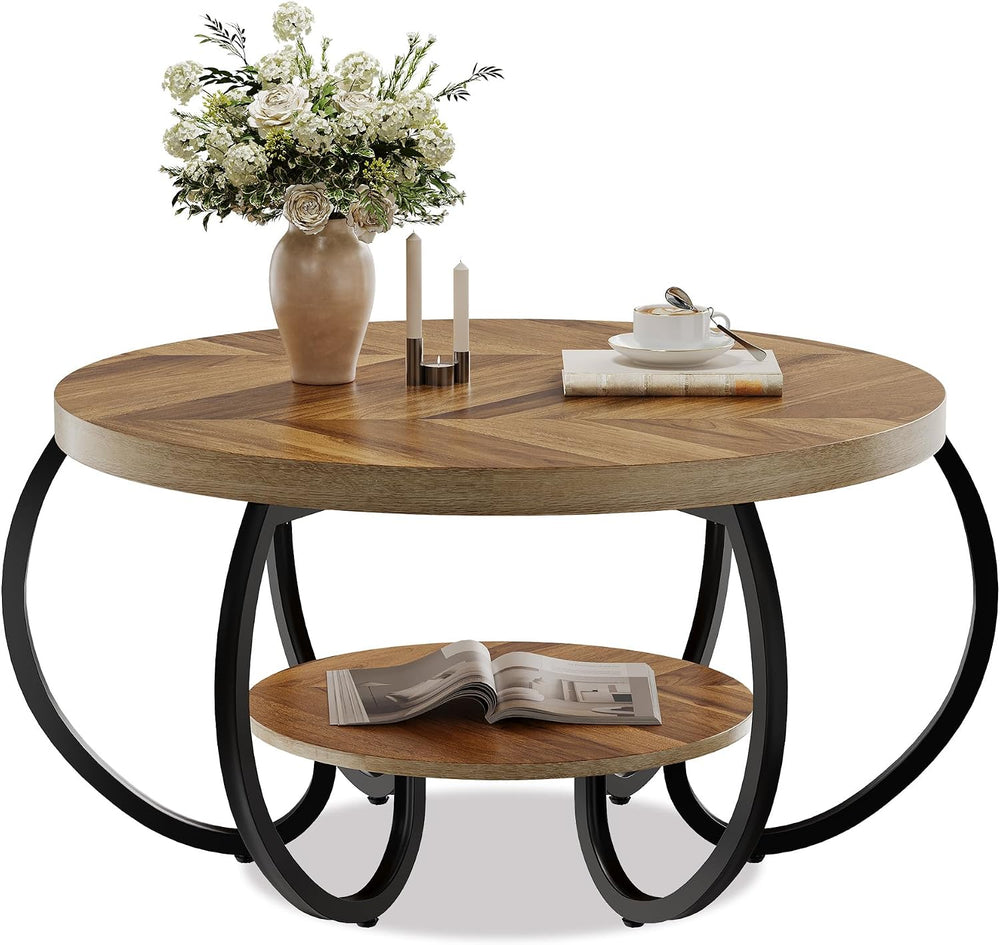 GarveeHome Round Coffee Table 30 in Center Table, 2-Tier Coffee Table Industr...