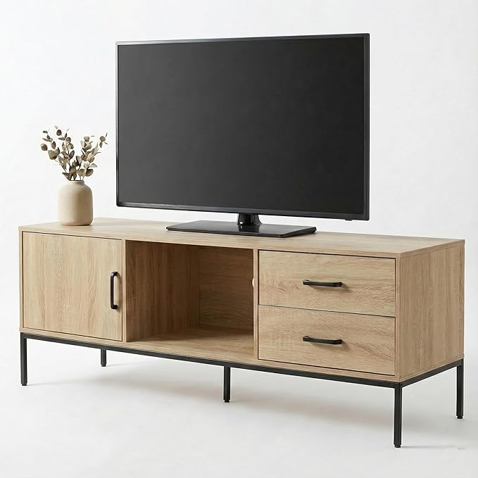 TV Stand for 55/60 Inch TV, Modern Wood Entertainment Center with Storage, 52" Media Console Table with 2 Drawers & Door Cabinet, Television Stands for Living Room & Bedroom(Burlywood)