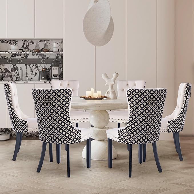Velvet Upholstered Dining Chairs Set of 6, Modern Style Kitchen Side Chairs with Nailhead Trim and Wood Legs,Metal Pulling Ring for Dining Room Living Room(Quadrangular Star&Beige)