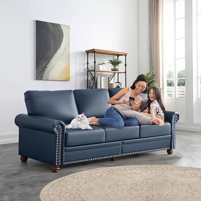 Faux Leather Sofa,82" W Mid Century Modern Couch with Storage Place,Oversized 3 Seater Sofa with Nailhead Trim&Rolled Armrests,Deep Seat Comfy Couch for Living Room,Bedroom,Apartment,Office(Navy)