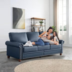 Faux Leather Sofa,82" W Mid Century Modern Couch with Storage Place,Oversized 3 Seater Sofa with Nailhead Trim&Rolled Armrests,Deep Seat Comfy Couch for Living Room,Bedroom,Apartment,Office(Navy)