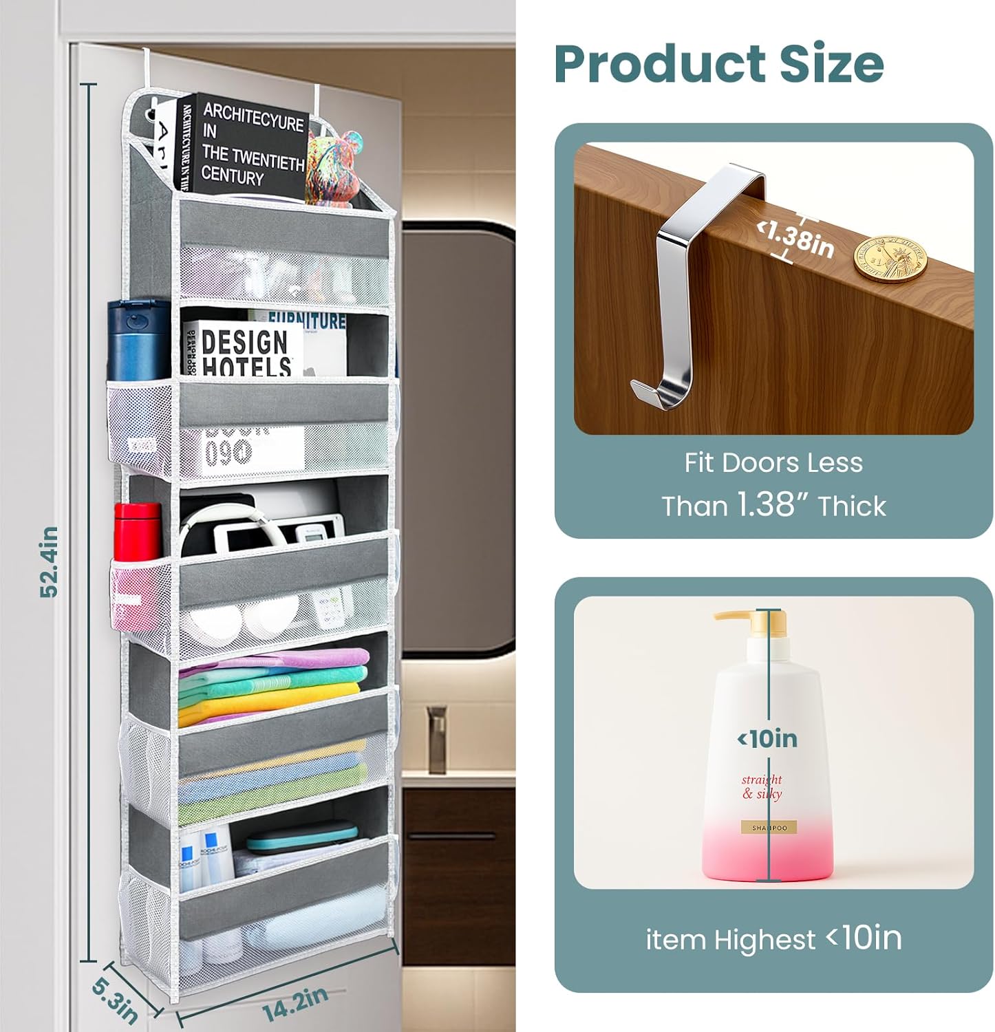 Over The Door Organizer with 8 Side Mesh Pockets, 44lb Weight Capacity Hanging Behind The Door Bathroom Organizers and Storage Suitable for Storing Toys, Shoes, Towels, Grey, 5 Shelf