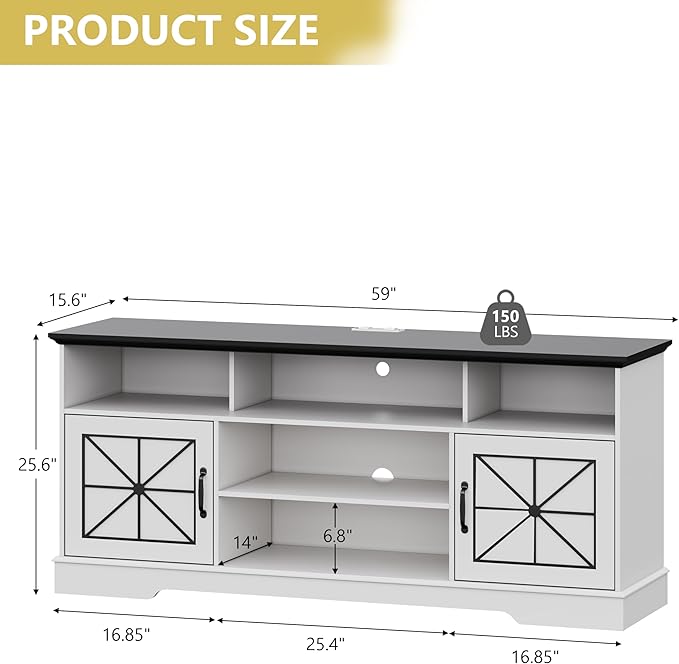 Farmhouse TV Stand for 65/60/55 Inch Tvs, Rustic Entertainment Center with LED Lights and Power Outlets, Modern Media Console Table, Wood Television Furniture for Living Room, Bedroom, White
