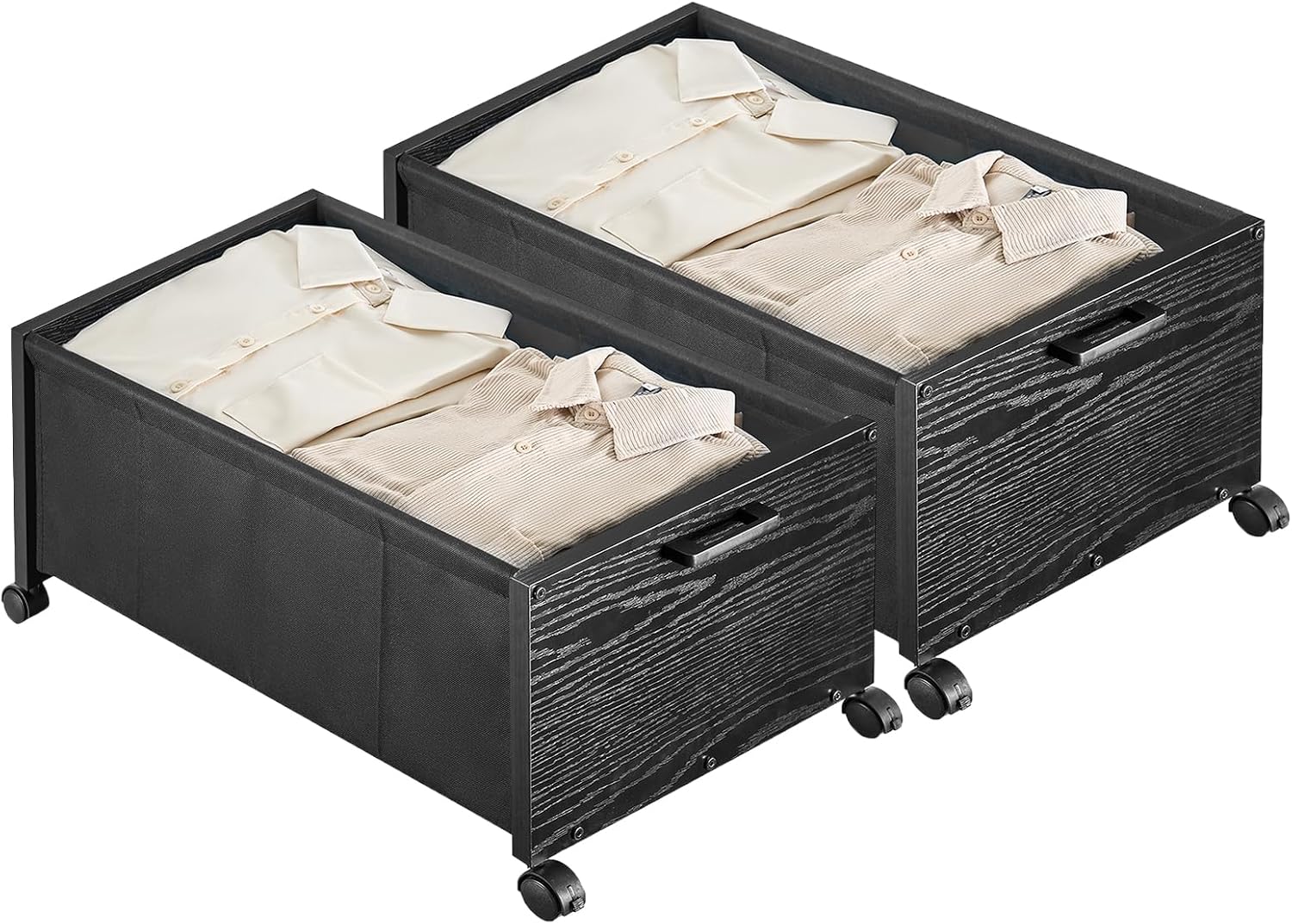 Under Bed Storage with Wheels, Wooden Under Bed Drawers On Wheels, Rolling Under Bed Shoe Storage, Space Saving, Black,70L