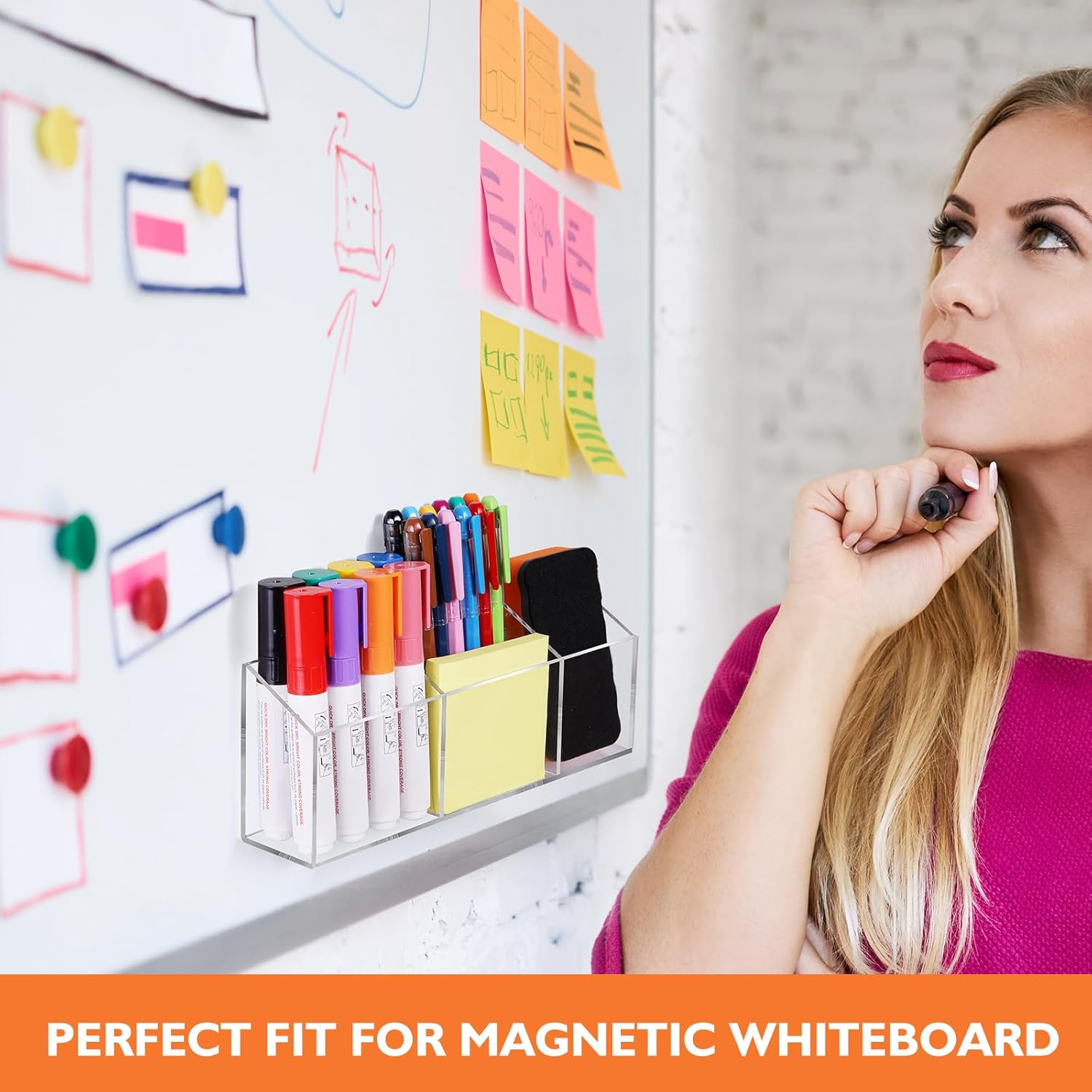 Ameceres Magnetic Pen Holder Classroom Organization Acrylic Marker Holder for Whiteboard Refrigerator Locker Accessories Pencil Dry Erase Marker Basket (3 Compartments * 1)