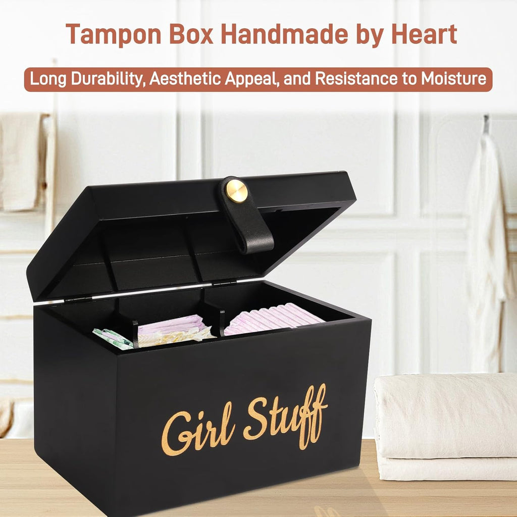 100% Solid Wood Tampon Holder Box with Lid, Copper Leather Pull, Absolute Real Wood Bathroom Decorative Box for Feminine Product Storage and Accessories such as Tampons, Cotton Balls, Gifts for Women