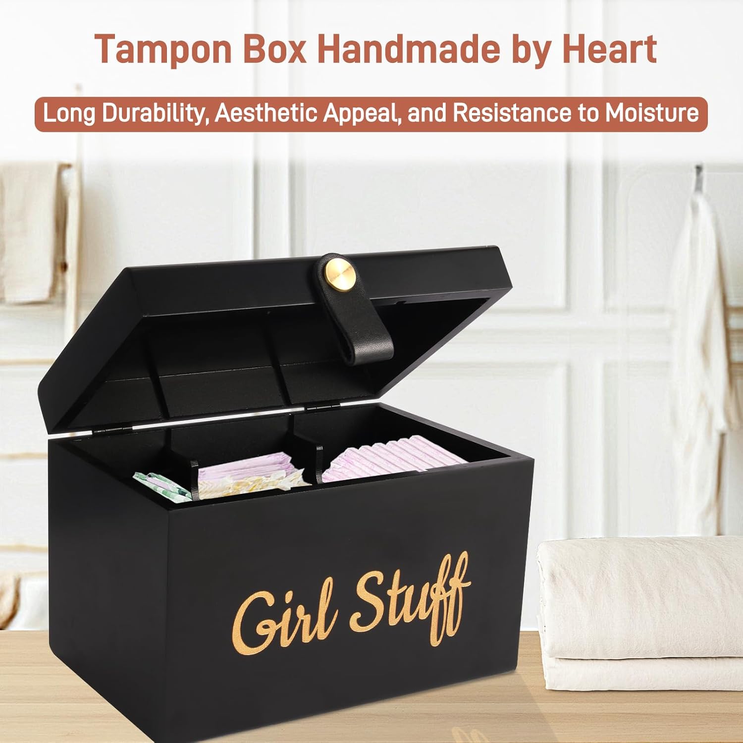 100% Solid Wood Tampon Holder Box with Lid, Copper Leather Pull, Absolute Real Wood Bathroom Decorative Box for Feminine Product Storage and Accessories such as Tampons, Cotton Balls, Gifts for Women