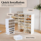6-Tier Foldable Shoe Rack Organizer, 24 Pairs Stackable & Collapsible Shoe Cabinet with Transparent Doors & Leather Handles, Space-Saving Storage for Entryway, Closet, Kitchen, Cabinet, White