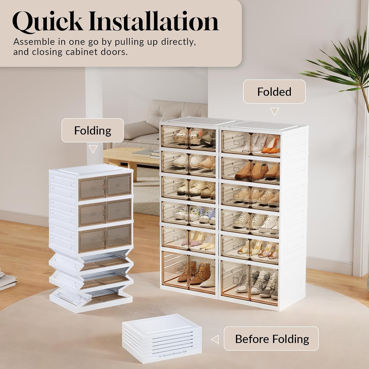 6-Tier Foldable Shoe Rack Organizer, 24 Pairs Stackable & Collapsible Shoe Cabinet with Transparent Doors & Leather Handles, Space-Saving Storage for Entryway, Closet, Kitchen, Cabinet, White