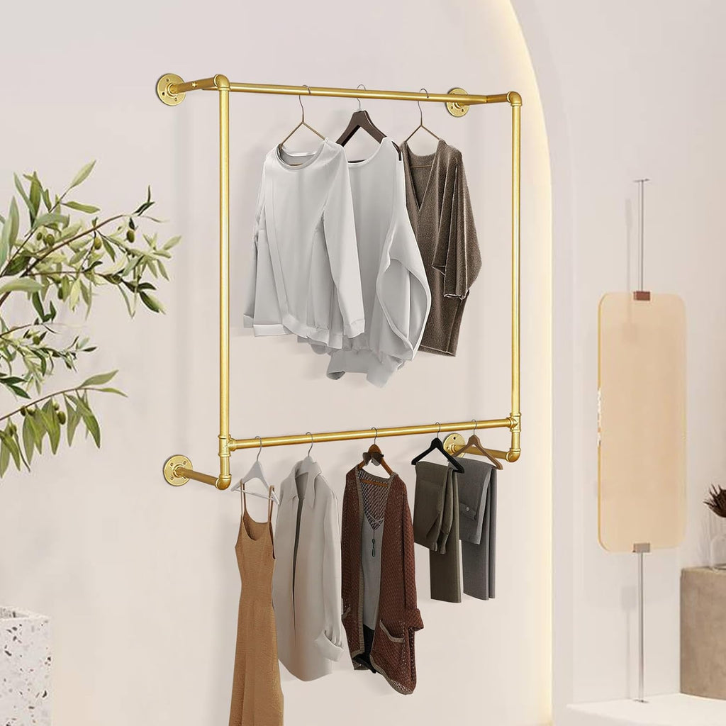Gold Wall Mounted Clothes Rack, Industrial Pipe Garment Rack Hanging Rod Bar for Closet Storage,Laundry Room Up to Max Load 110lbs