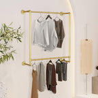 Gold Wall Mounted Clothes Rack, Industrial Pipe Garment Rack Hanging Rod Bar for Closet Storage,Laundry Room Up to Max Load 110lbs