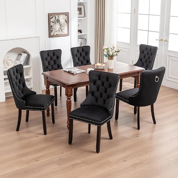 Kiztir Velvet Dining Chairs Set of 6, Upholstered Dining Room Chairs with Ring Pull Trim and Button Back, Luxury Tufted Dining Chairs for Living Room, Bedroom, Kitchen (Black)