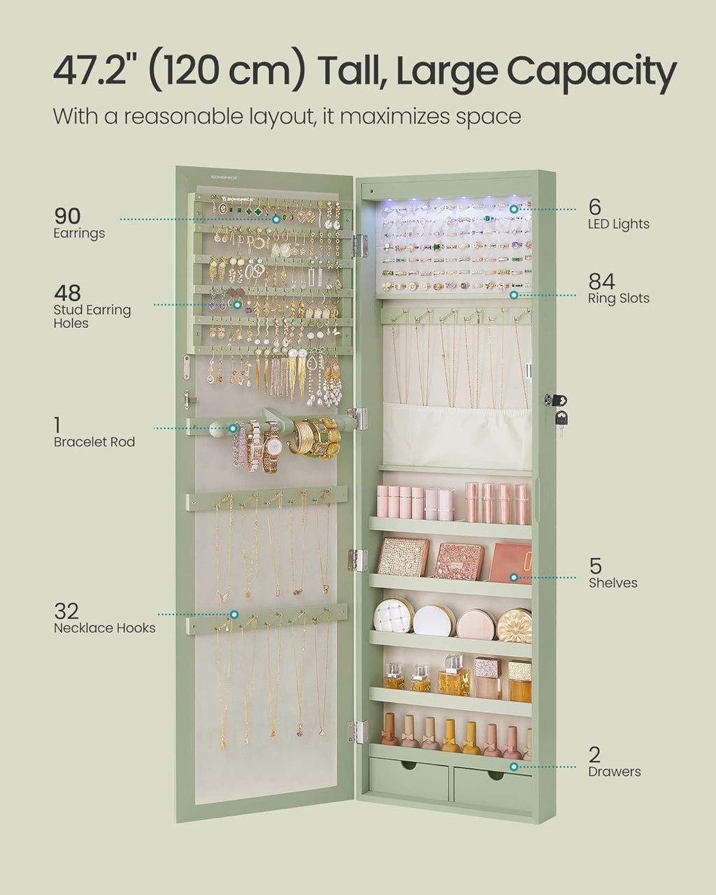 SONGMICS 6 LEDs Mirror Jewelry Cabinet, 47.2-Inch Tall Lockable Wall or Door Mounted Jewelry Armoire Organizer with Mirror, 2 Drawers, Christmas Gift, 3.9 x 14.6 x 47.2 Inches, Laurel Green
