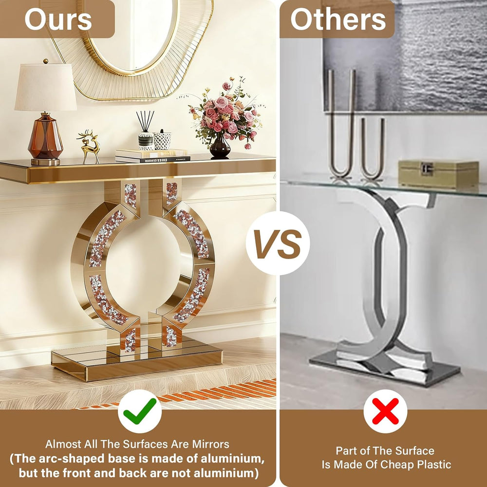 Tea-Colored Mirrored Console Table with Crushed Diamond Inlay, 39.4''...