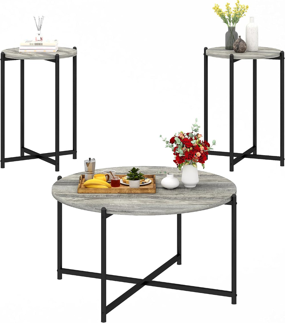 DKLGG Round Coffee Table Set of 3, Farmhouse Wooden Coffee Table and 2 End Ta...