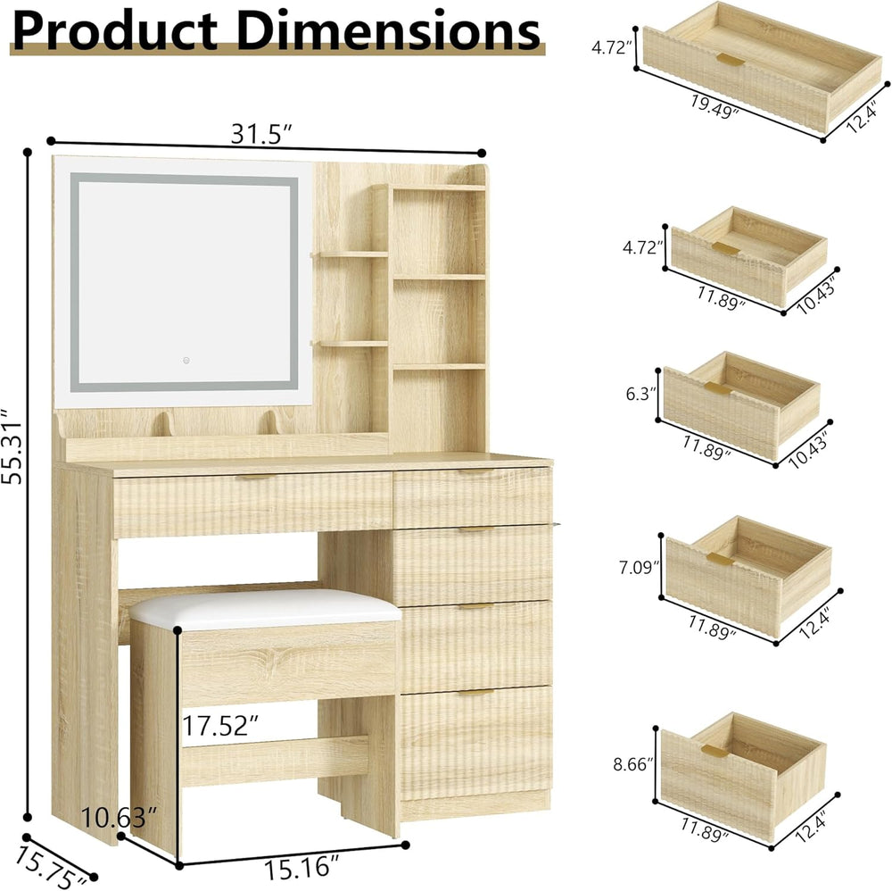 Fluted Vanity Desk with Hidden Storage Stool and Large Mirror, 5 Drawers | Ma...