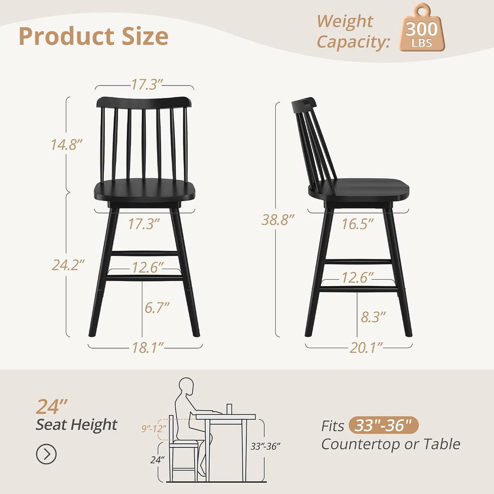 LUE BONA 360° Swivel Bar Stools Set of 3, Black Windsor Barstools, Counter He...