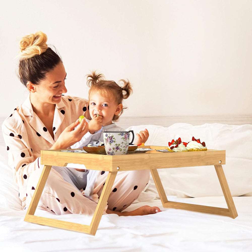 Round Side Table for Small Spaces，Bamboo Bed Tray Table with Foldable Legs