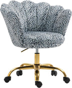 Comfy Home Office Task Chair with Wheels, Cute Modern Upholstered PU Seashell Back Adjustable Swivel Vanity Desk Chair, for Women,for Girls, Living Room, Bedroom（Snow Leopard Pattern