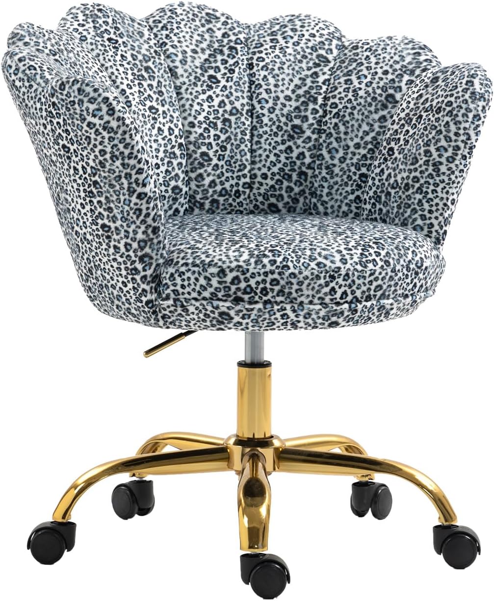 Comfy Home Office Task Chair with Wheels, Cute Modern Upholstered PU Seashell Back Adjustable Swivel Vanity Desk Chair, for Women,for Girls, Living Room, Bedroom（Snow Leopard Pattern