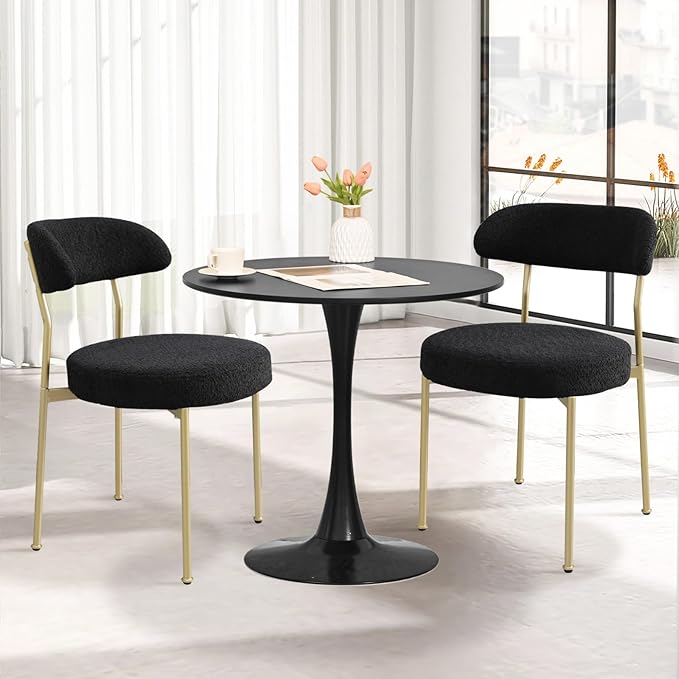 3-Pieces 31.5" Round Dining Table Set for 2, Black Dining Table & Boucle Upholstered Dining Chairs Set of 2 for Kitchen Dining Room Apartment Small Space(Black Gold Leg Chairs)