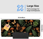 Vintage Butterfly Mushroom Mouse Pad – Large Extended Desk Mat 35.43 x 15.75 in – Dark Forest Aesthetic with Ferns & Fungi, Waterproof Surface, Non-Slip Rubber Base, Keyboard & Mouse Pad