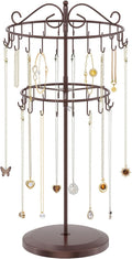 iDavosic.ly 2 Tier Rotating Necklace Holder Organizer with 42 Hooks, Adjustable Metal Bracelet Display Stand Rack, Extra Tall Keychain Spinning Tree Tower for Women, Espresso Brown