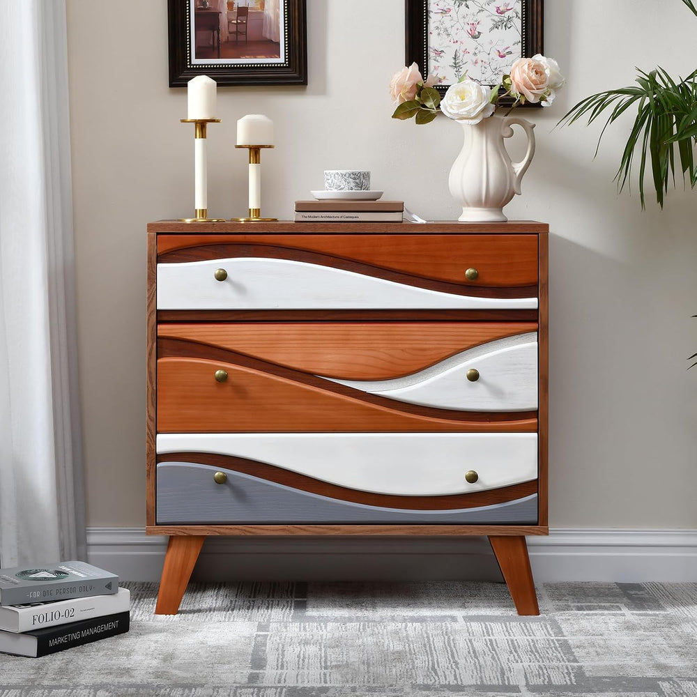 3-Drawer Dresser with Sculpted Wave Fronts, Tri-Color Drawer Design, Modern C...