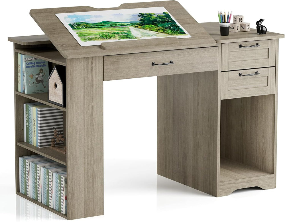 Drafting Table with Storage Cabinet & Drawers, Adjustable Drawing Table w...