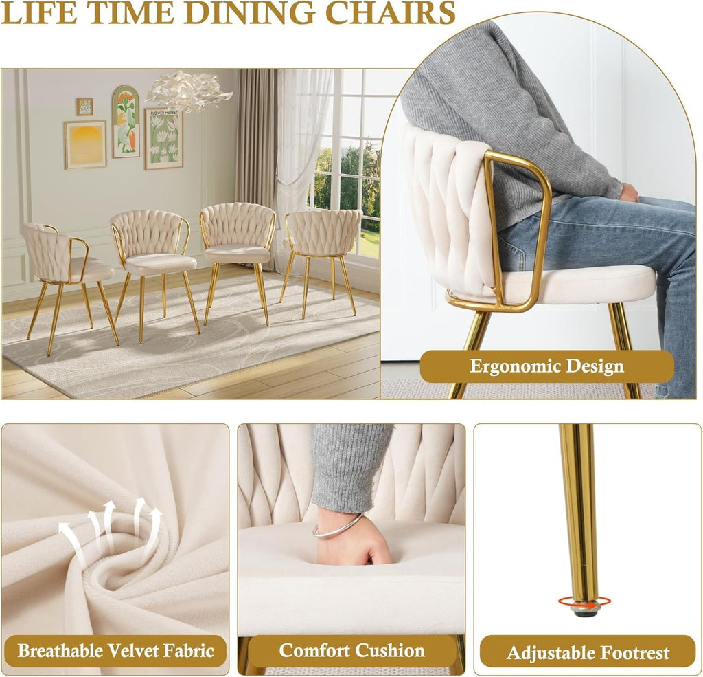 39'' Round Glass Dining Table Set for 4, 5-Piece Modern Dining Room Table Set, Circle Kitchen Table Set with 4 Beige Velvet Dining Chairs for Dining Room Cafe & Breakfast Nook, Gold Base