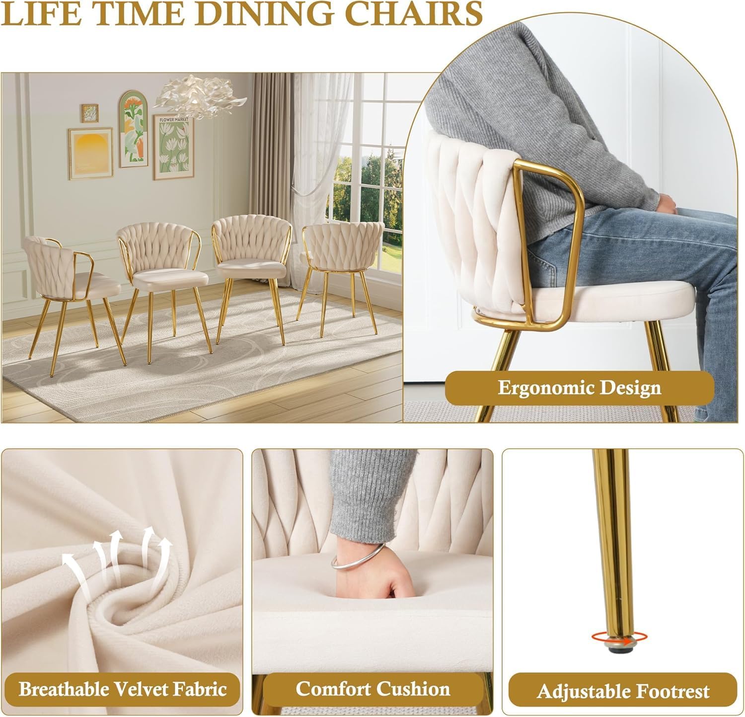 39'' Round Glass Dining Table Set for 4, 5-Piece Modern Dining Room Table Set, Circle Kitchen Table Set with 4 Beige Velvet Dining Chairs for Dining Room Cafe & Breakfast Nook, Gold Base
