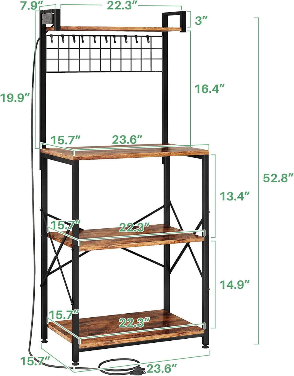 SNTD Bakers Rack with Power Outlet, Kitchen Shelves Microwave Stand with Wire Grid and 10 Hooks, 4 Tiers Coffee Stand (Rustic Brown, 23.5 x 15.6 x 52.8 Inches)