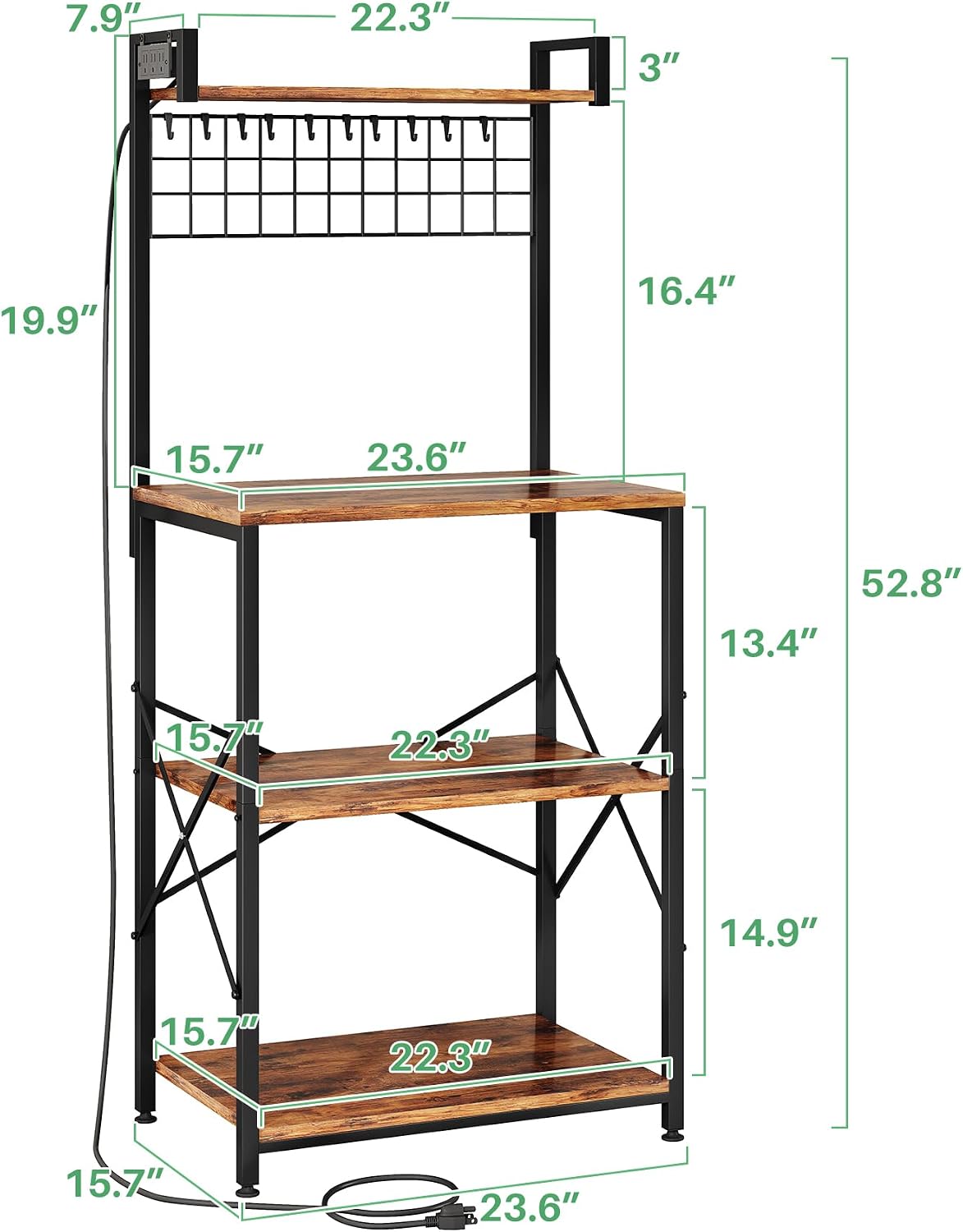SNTD Bakers Rack with Power Outlet, Kitchen Shelves Microwave Stand with Wire Grid and 10 Hooks, 4 Tiers Coffee Stand (Rustic Brown, 23.5 x 15.6 x 52.8 Inches)