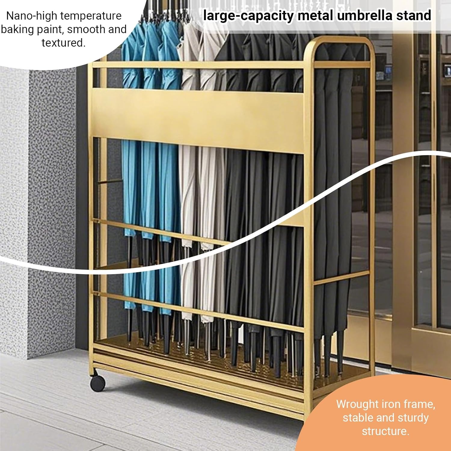 Entryway Movable Commercial Umbrella Stand Large Capacity Metal Umbrellas Holder Heavy Duty Umbrella Frame with Removable Drip Tray & Wheels for Home, Hotel, Office.(Gold,100x20x70CM/39.4x7.9x27.6IN)