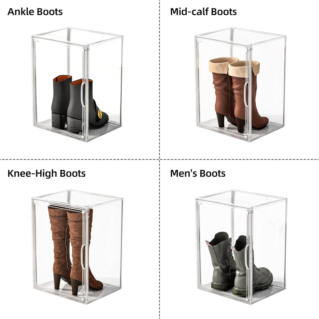 Boot Storage Organizer Tall Boots Boxes for Closet Clear Plastic Stackable Shoe Organizer Box, 3 Pack Acrylic Display Case with Divider for Collectibles, Figures