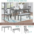 6-Piece Dining Table Set for 4-6 People, Kitchen Set with 4 Upholstered Chairs and One Bench, Living Room Chairs with X-Shape Backrest, Rectangular Wooden Table for Home Bar and Kitchen, Gray