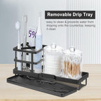 MYITYARD Toothbrush Holders for Bathrooms, Cotton Swabs & Cups Dispenser Set - Metal Electric Tooth Brushing & Toothpaste Countertop Organizer with Drainage for Shower, Sink - Black