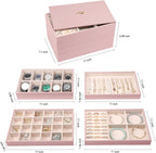 Voova Stackable Jewelry Organizer Tray with Lid, PU Leather Jewelry Storage Holder for Drawer Inserts, Jewellery Display Box Case for Earring Necklace Ring Watch Bracelet (Set of 4, Rose Gold)