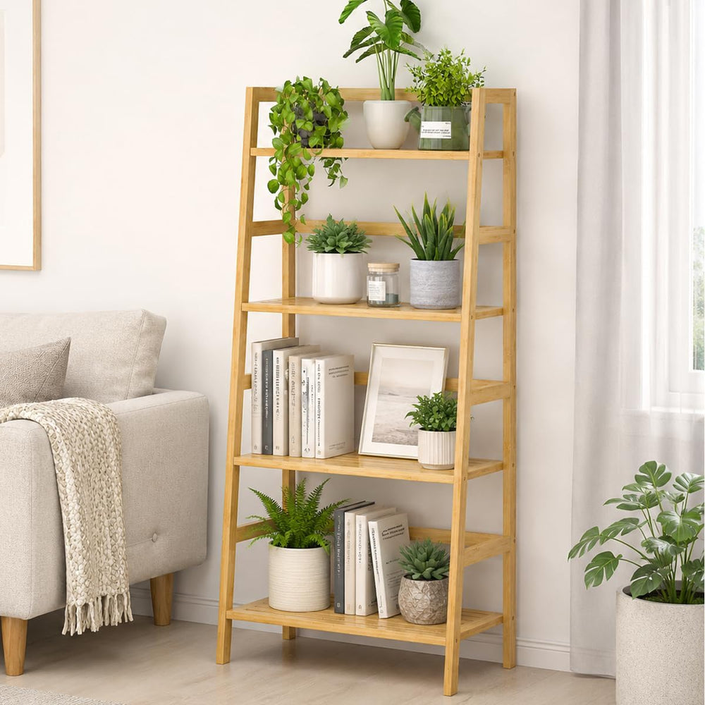 Bamboo Ladder Shelf, 4-Tier Wooden Ladder Bookshelf & Bookcase Organizer