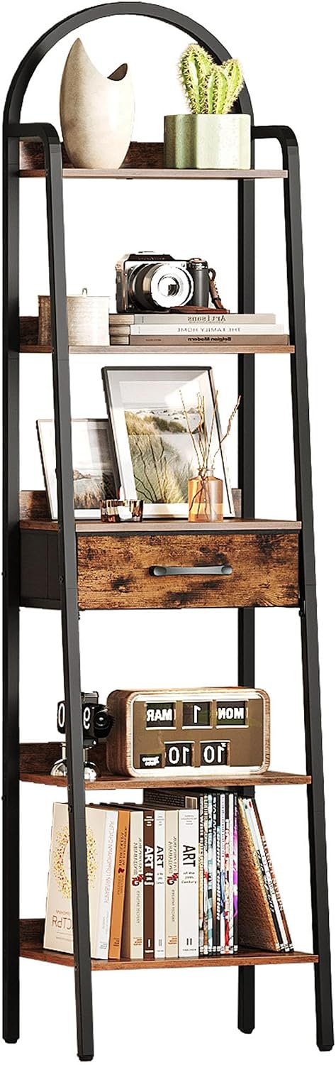CHOEZON 5 Tier Ladder Shelf with Drawer, Tall Ladder Bookshelf, Standing Book...