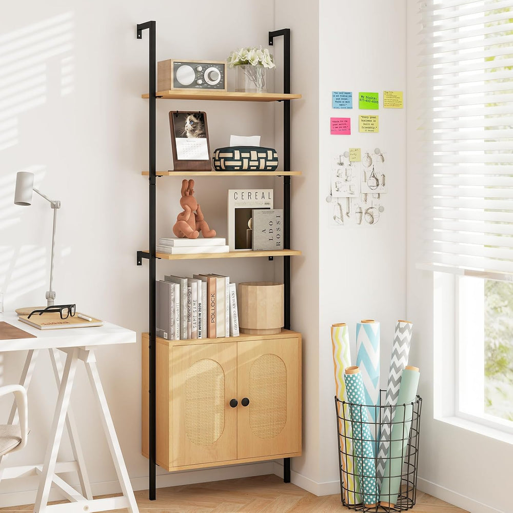 GIANTEX 72.5" Ladder Bookshelf with Cabinet, 6-Tier Tall Wall Mounted Bo...